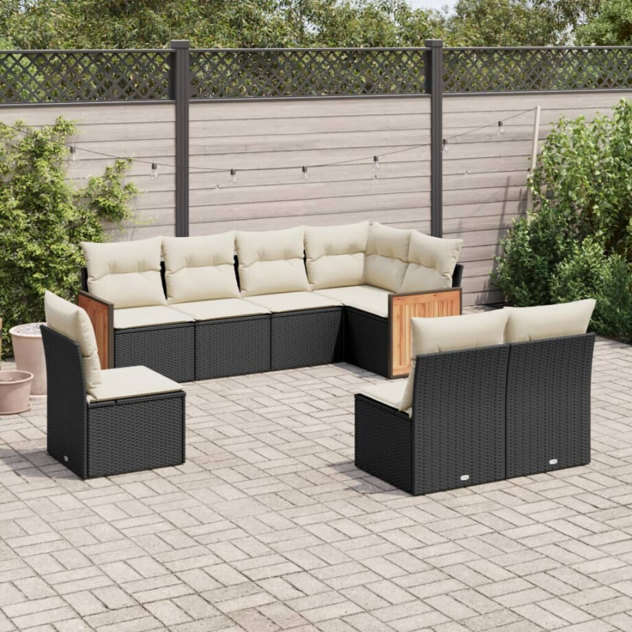 vidaXL 8-delige Loungeset met kussens poly rattan zwart afbeelding 1
