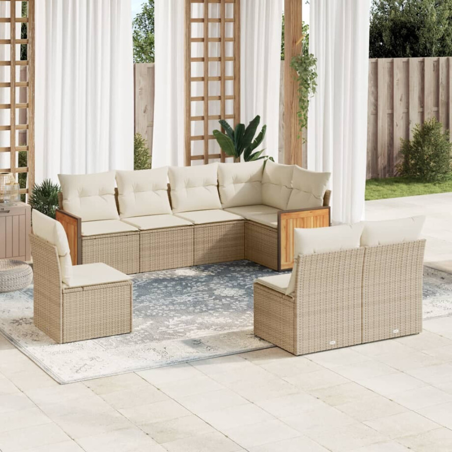 vidaXL 8-delige Loungeset met kussens poly rattan beige afbeelding 1
