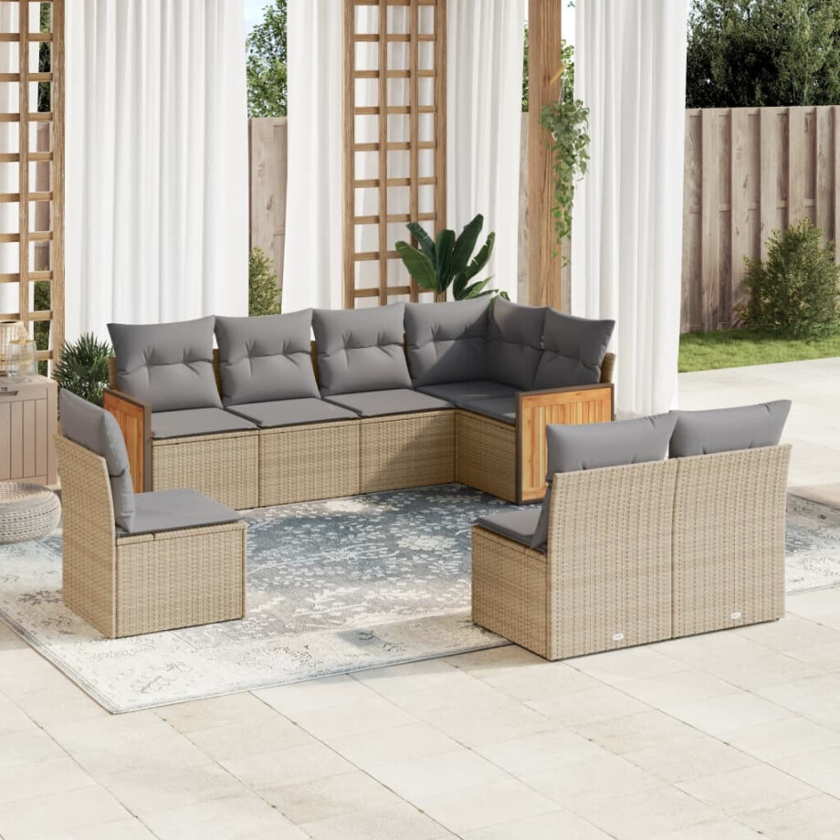 vidaXL 8-delige Loungeset met kussens poly rattan beige afbeelding 1