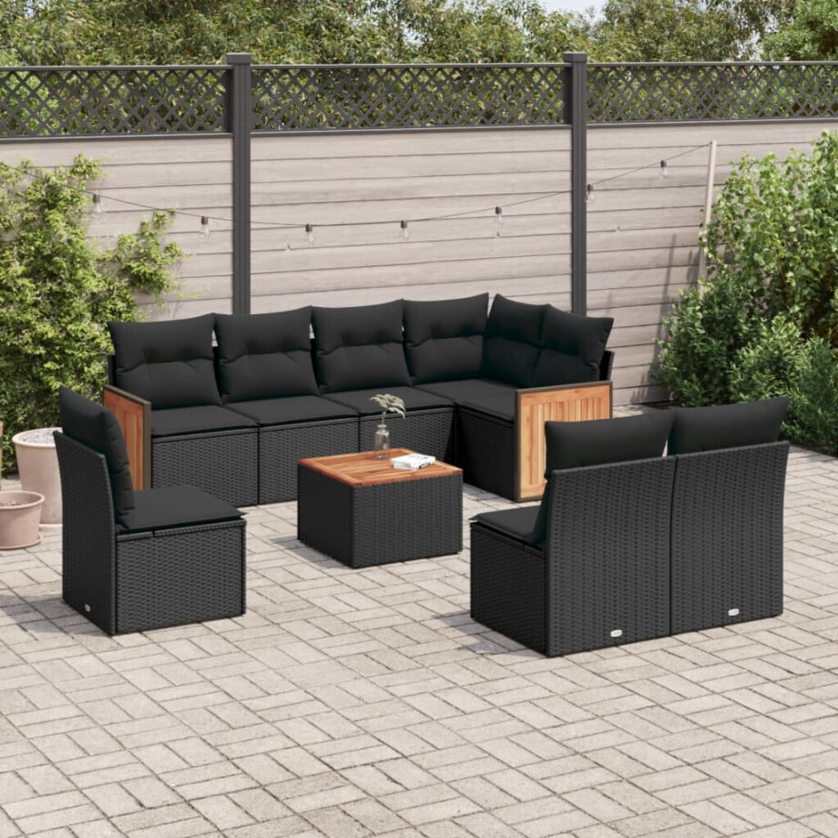 vidaXL 9-delige Loungeset met kussens poly rattan zwart afbeelding 1