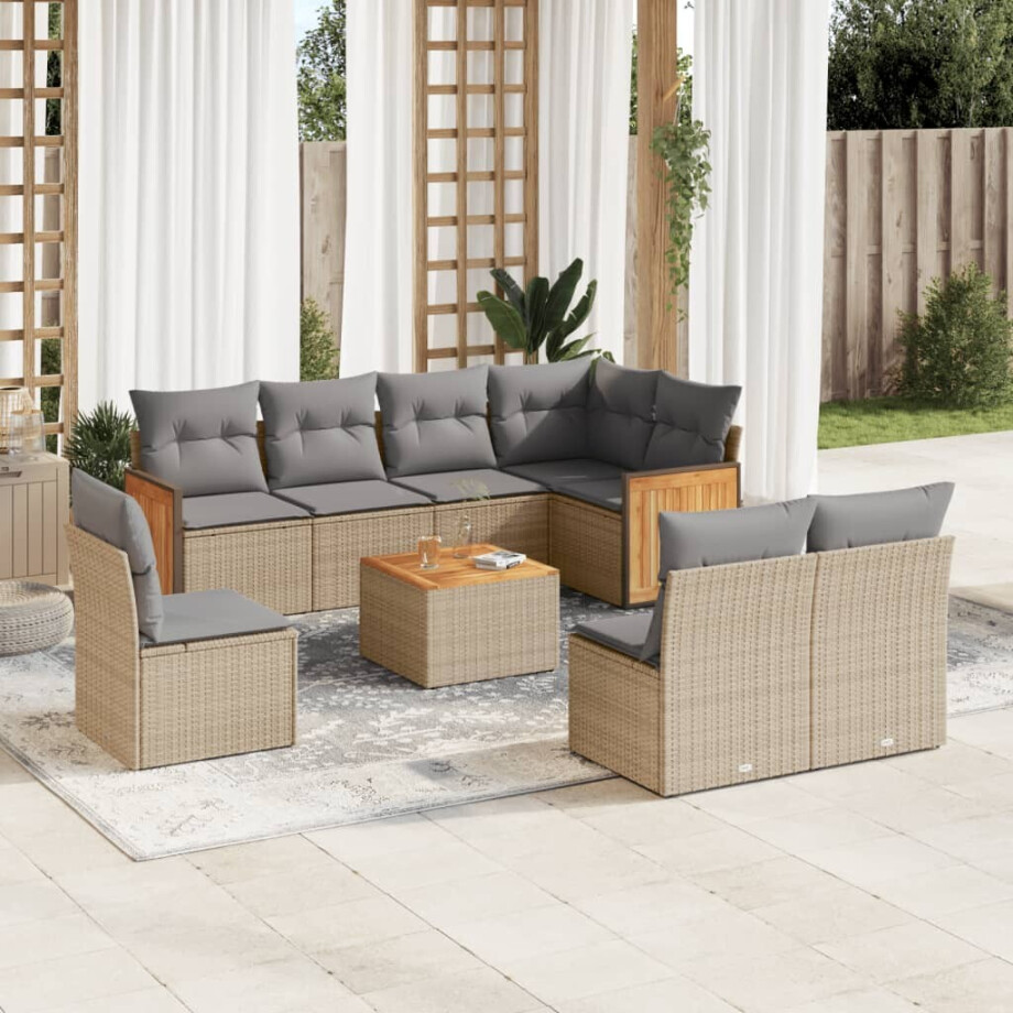 vidaXL 9-delige Loungeset met kussens poly rattan beige afbeelding 1