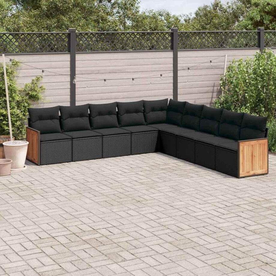 vidaXL 9-delige Loungeset met kussens poly rattan zwart afbeelding 1