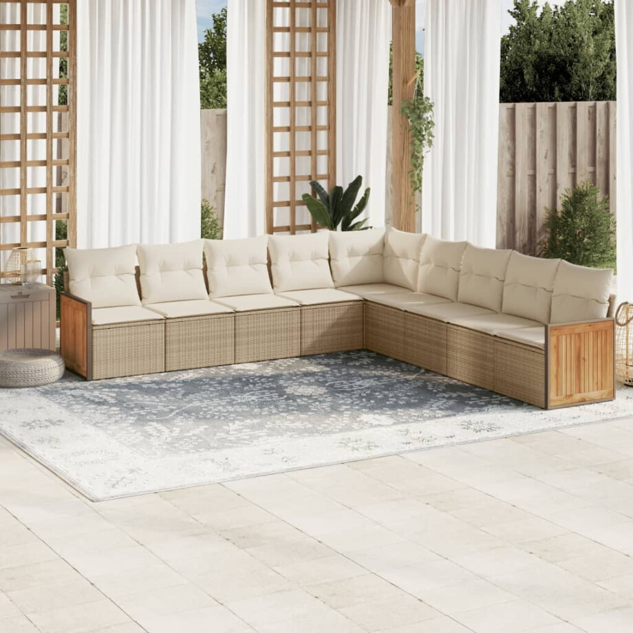 vidaXL 9-delige Loungeset met kussens poly rattan beige afbeelding 1