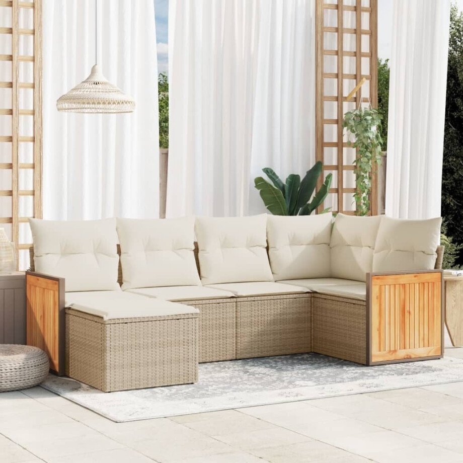 vidaXL 6-delige Loungeset met kussens poly rattan beige afbeelding 1