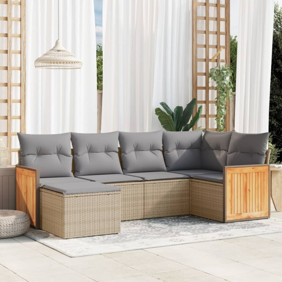 vidaXL 6-delige Loungeset met kussens poly rattan beige afbeelding 1
