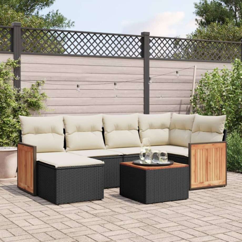 vidaXL 7-delige Loungeset met kussens poly rattan zwart vidaXL 7-delige Loungeset met kussens poly rattan zwart afbeelding 1