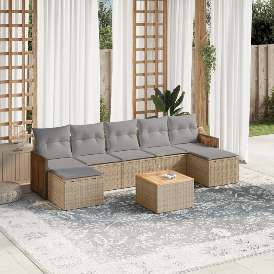 vidaXL 8-delige Loungeset met kussens poly rattan beige afbeelding 1