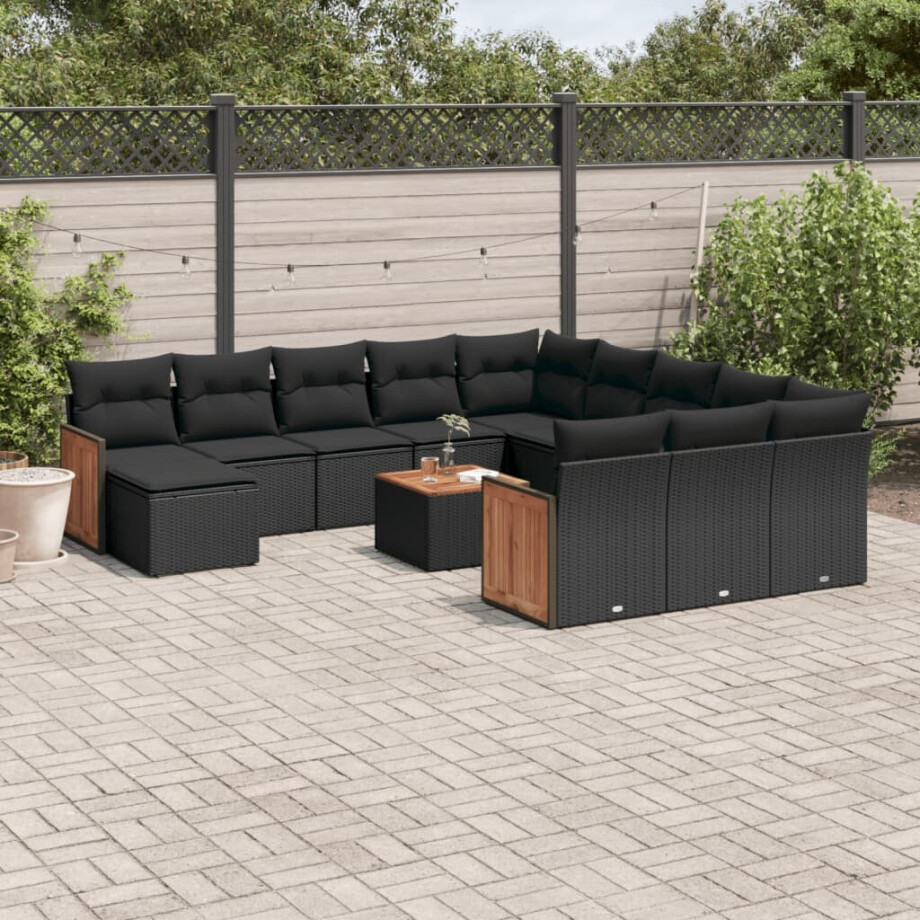 vidaXL 13-delige Loungeset met kussens poly rattan zwart afbeelding 1