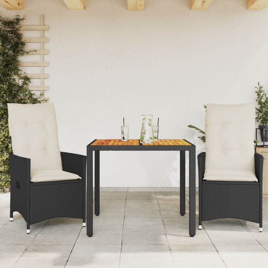 vidaXL 3-delige Bistroset met kussens poly rattan en acaciahout zwart afbeelding 1
