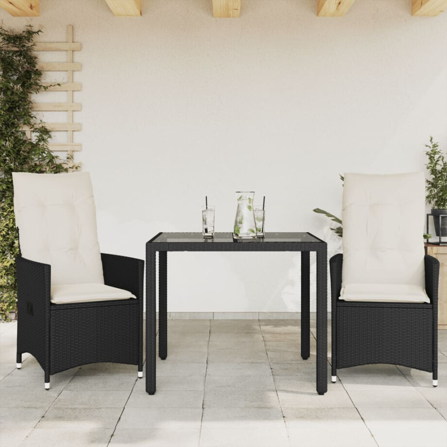 vidaXL 3-delige Bistroset met kussens poly rattan zwart vidaXL 3-delige Bistroset met kussens poly rattan zwart afbeelding 1