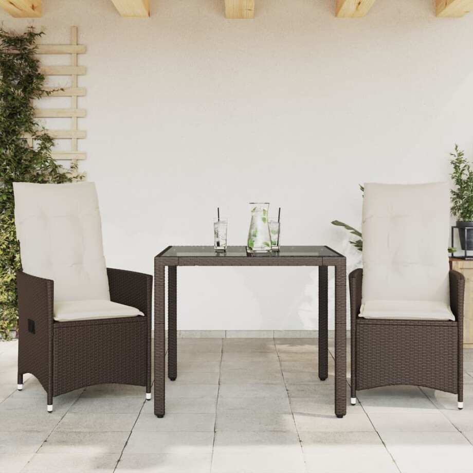 vidaXL 3-delige Bistroset met kussens poly rattan bruin afbeelding 1