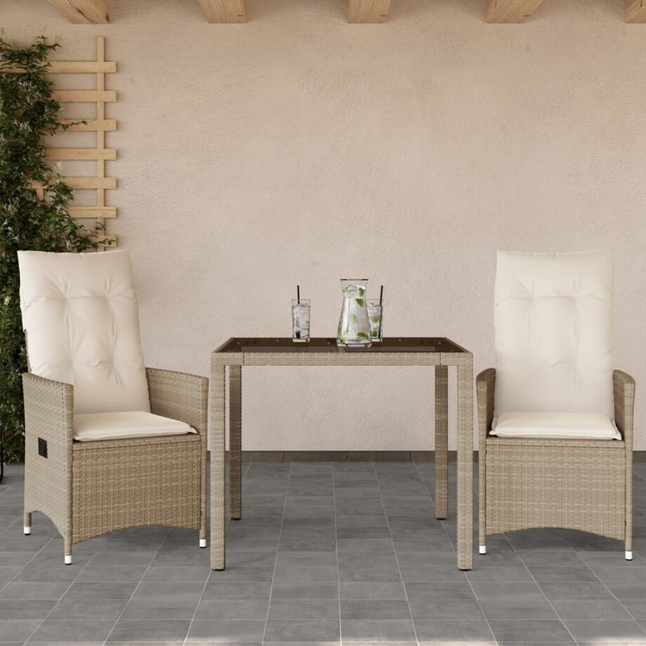vidaXL 3-delige Bistroset met kussens poly rattan beige afbeelding 1