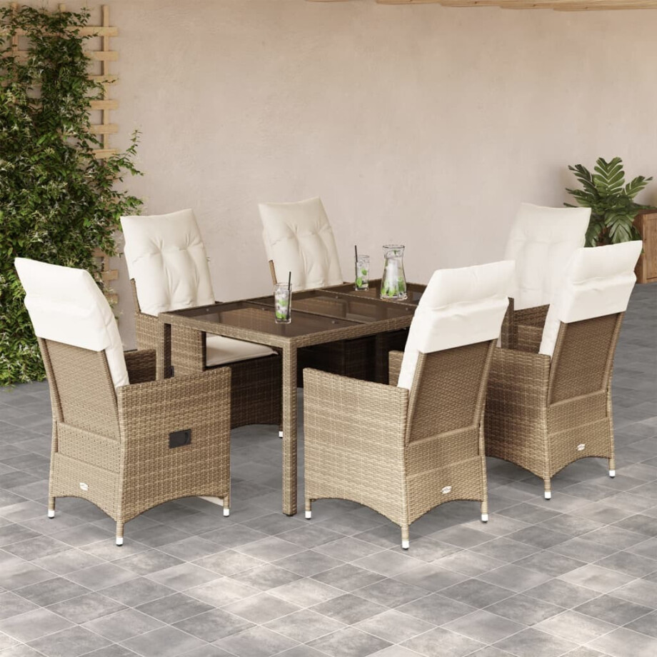 vidaXL 7-delige Tuinset met kussens poly rattan beige afbeelding 1