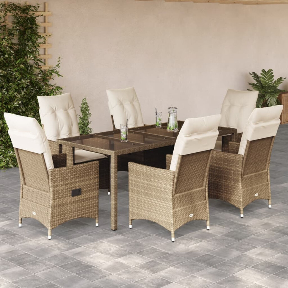 vidaXL 7-delige Tuinset met kussens poly rattan beige afbeelding 1
