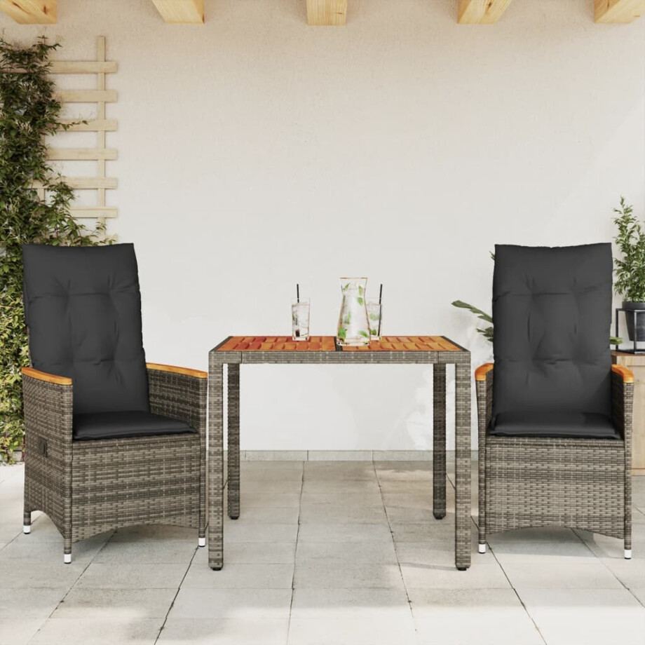 vidaXL 3-delige Bistroset met kussens poly rattan grijs afbeelding 1