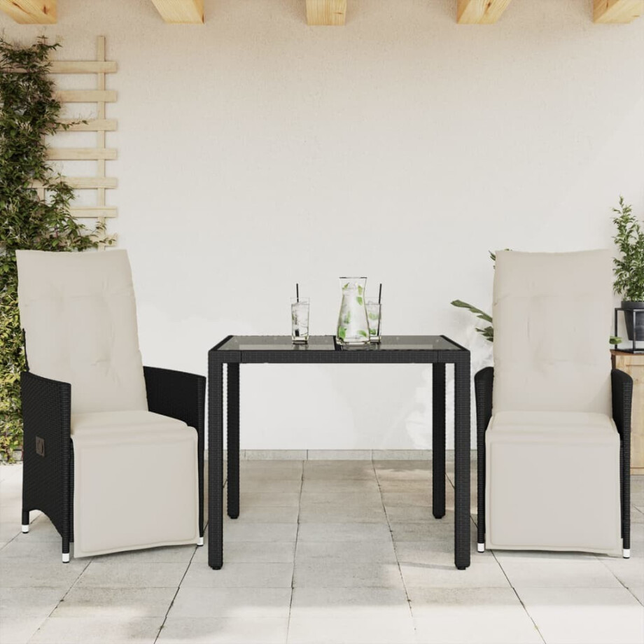 vidaXL 3-delige Bistroset met kussens poly rattan zwart vidaXL 3-delige Bistroset met kussens poly rattan zwart afbeelding 1