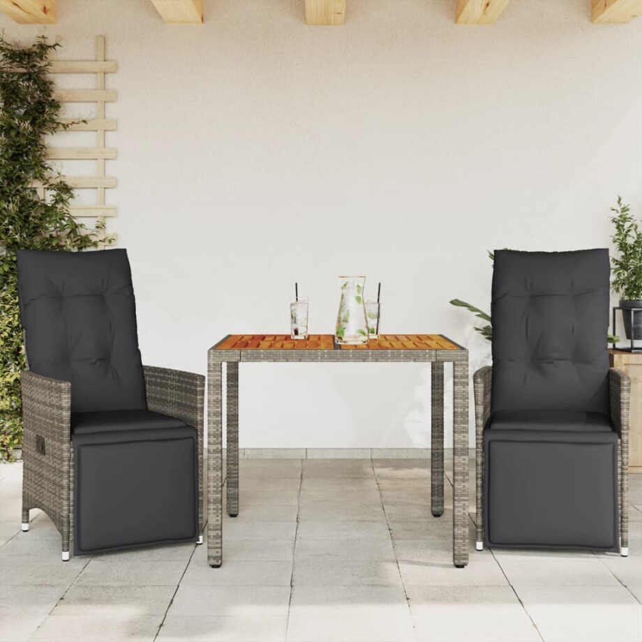vidaXL 3-delige Bistroset met kussens poly rattan grijs afbeelding 1
