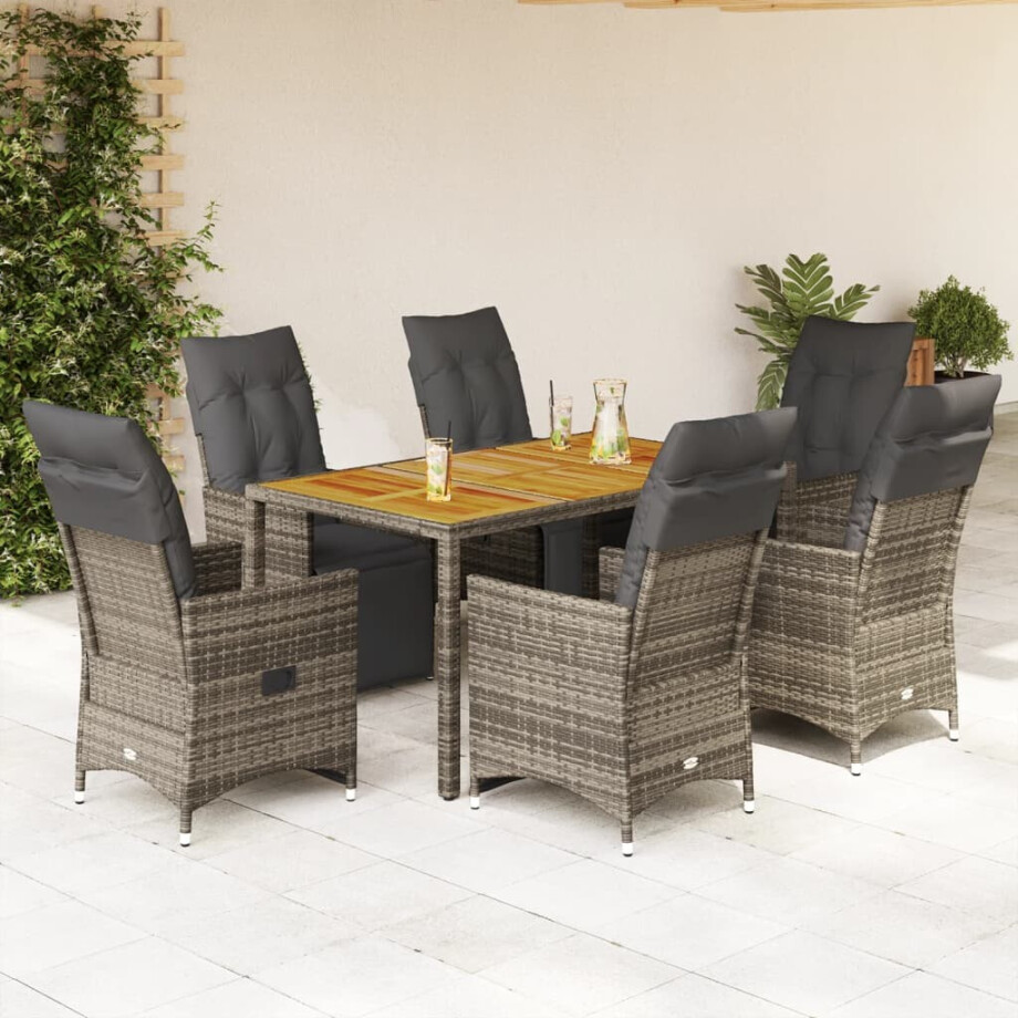 vidaXL 7-delige Bistroset met kussens poly rattan grijs afbeelding 1