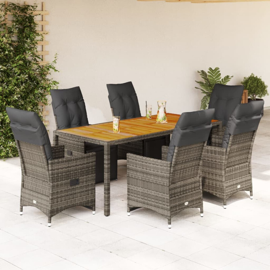 vidaXL 7-delige Bistroset met kussens poly rattan grijs afbeelding 1
