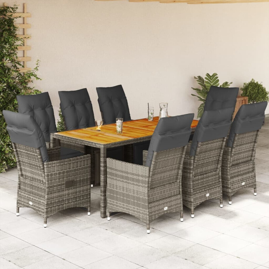 vidaXL 9-delige Bistroset met kussens poly rattan grijs afbeelding 1