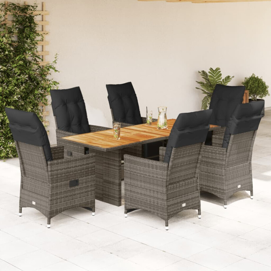 vidaXL 7-delige Bistroset met kussens poly rattan grijs afbeelding 1
