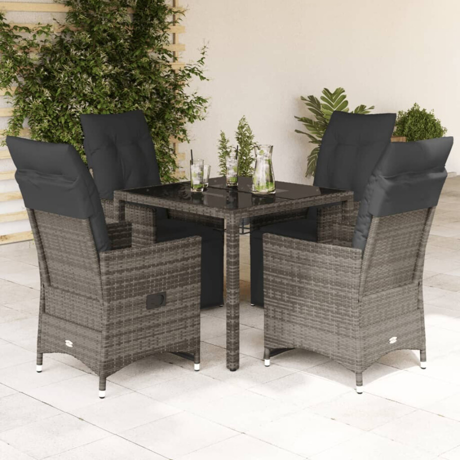 vidaXL 5-delige Bistroset met kussens poly rattan grijs afbeelding 1