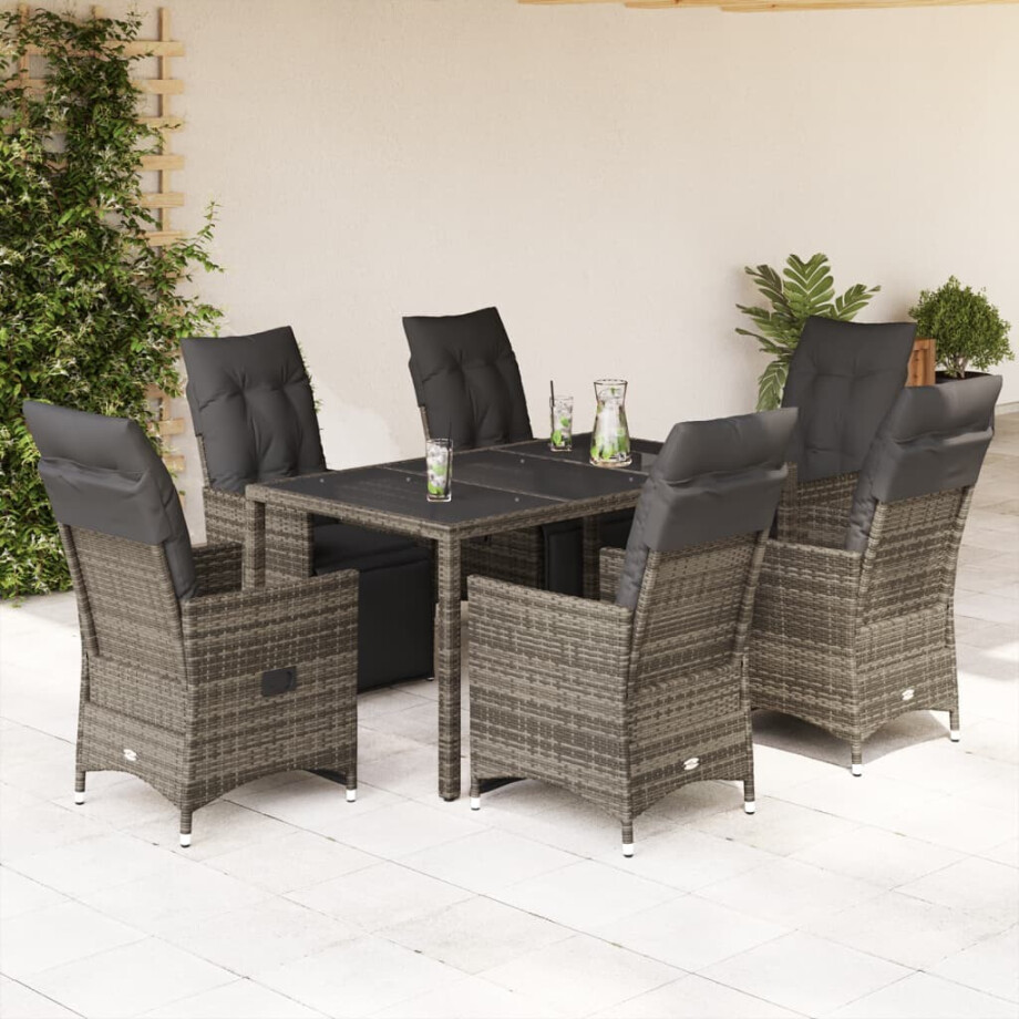 vidaXL 7-delige Bistroset met kussens poly rattan grijs afbeelding 1