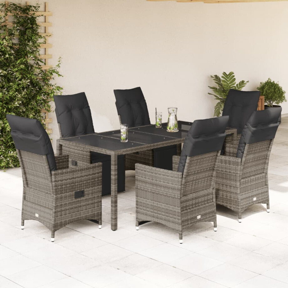 vidaXL 7-delige Bistroset met kussens poly rattan grijs afbeelding 1