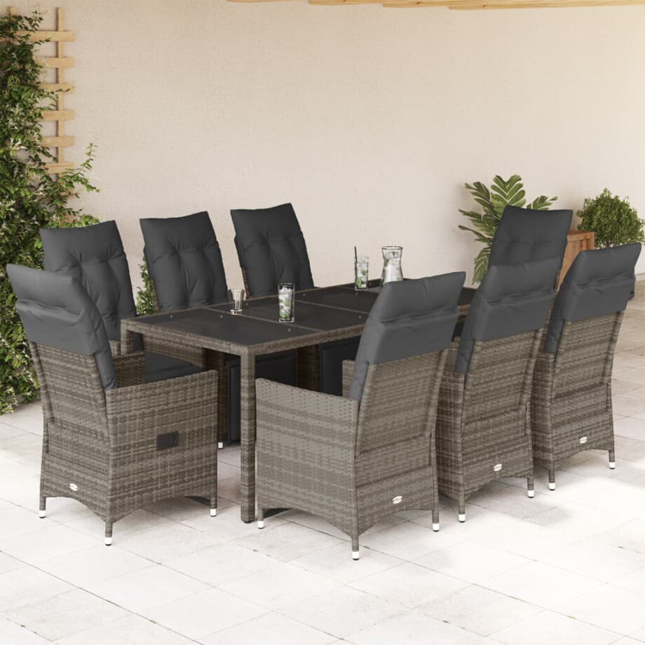 vidaXL 9-delige Bistroset met kussens poly rattan grijs vidaXL 9-delige Bistroset met kussens poly rattan grijs afbeelding 1