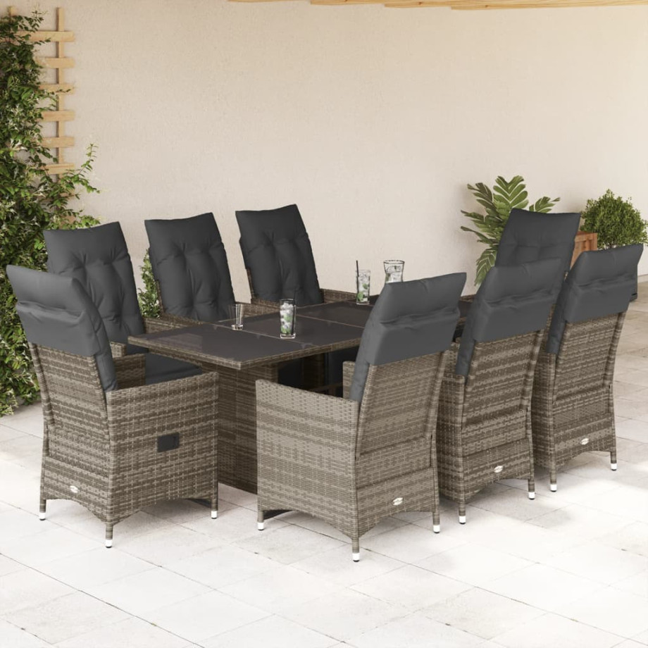 vidaXL 9-delige Bistroset met kussens poly rattan grijs afbeelding 1