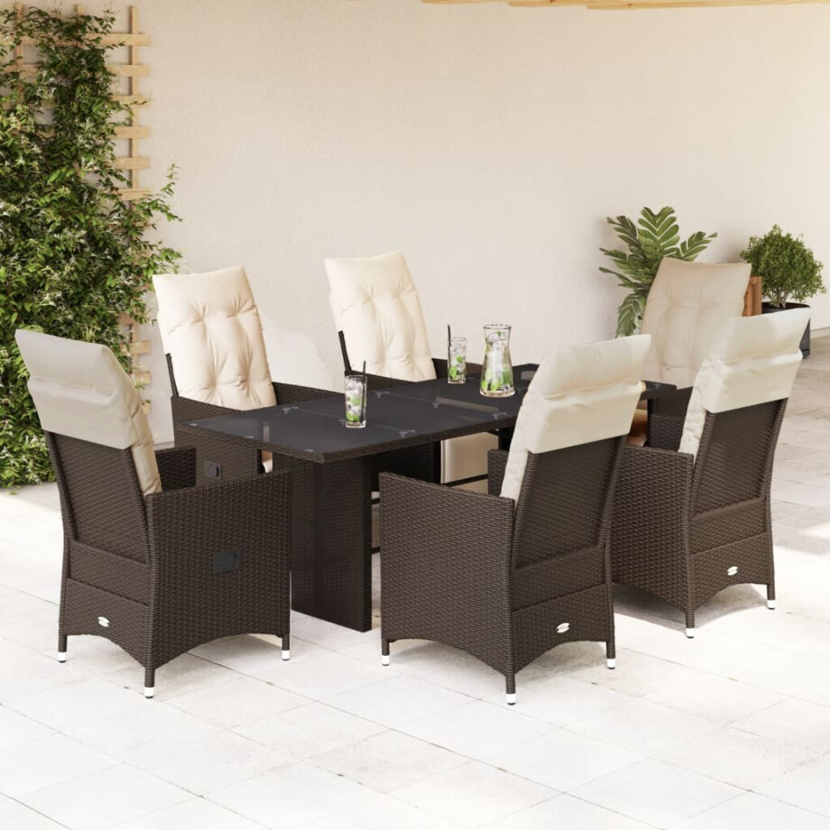 vidaXL 7-delige Bistroset met kussens poly rattan bruin afbeelding 1