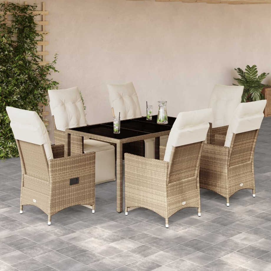 vidaXL 7-delige Bistroset met kussens poly rattan beige afbeelding 1