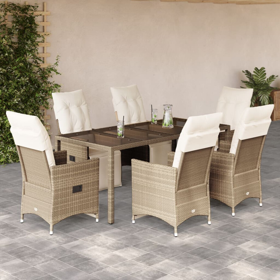vidaXL 7-delige Bistroset met kussens poly rattan beige afbeelding 1