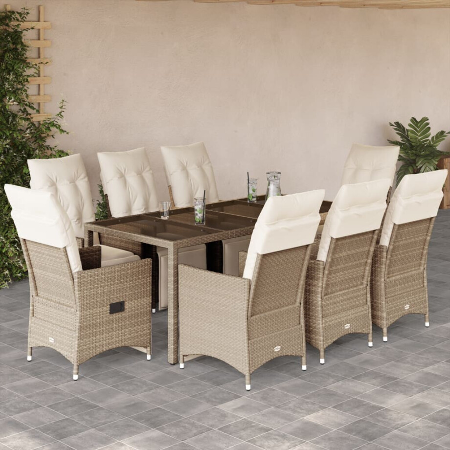 vidaXL 9-delige Bistroset met kussens poly rattan beige afbeelding 1