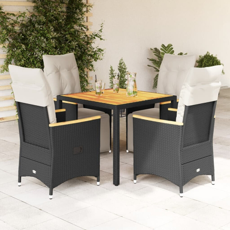 vidaXL 5-delige Bistroset met kussens poly rattan zwart afbeelding 1
