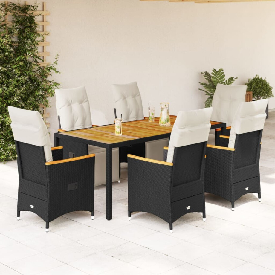 vidaXL 7-delige Bistroset met kussens poly rattan zwart afbeelding 1