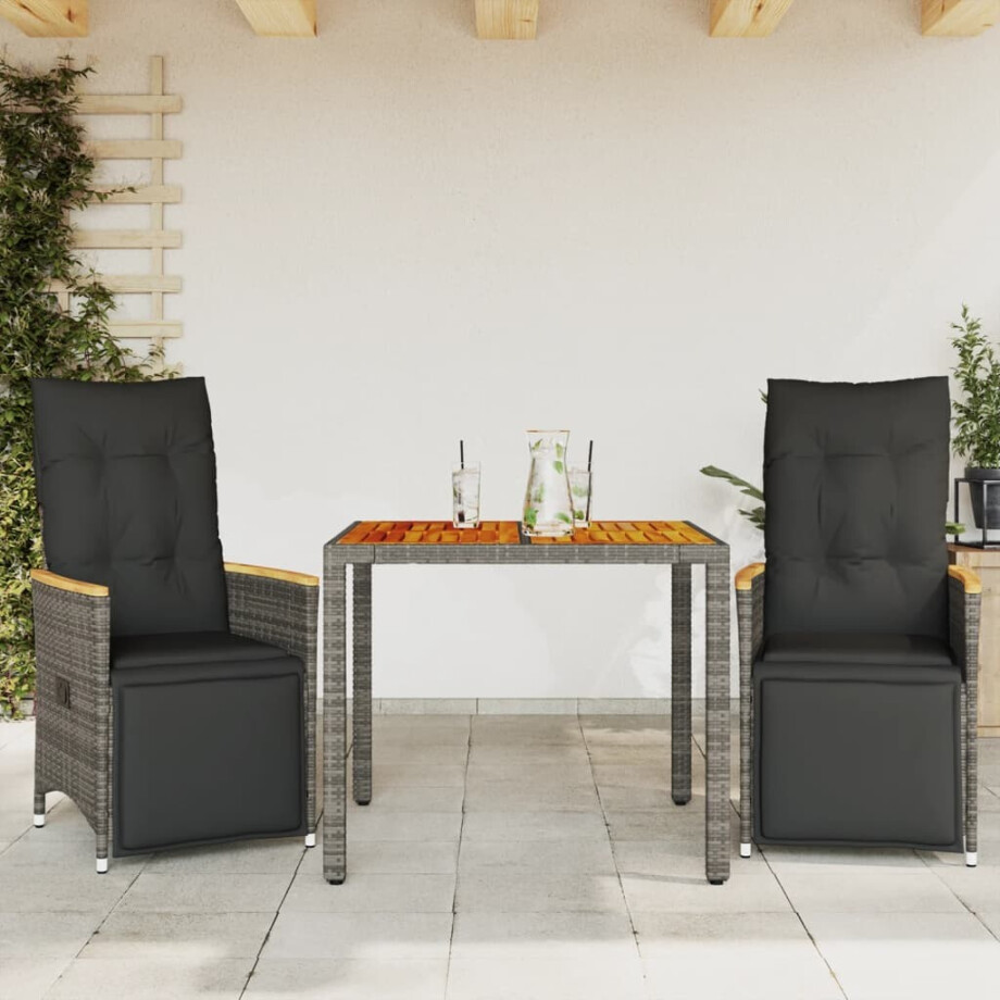 vidaXL 3-delige Bistroset met kussens poly rattan grijs afbeelding 1