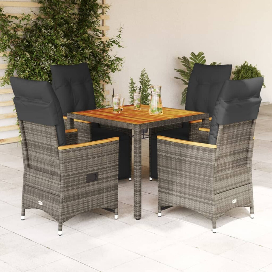 vidaXL 5-delige Bistroset met kussens poly rattan grijs afbeelding 1