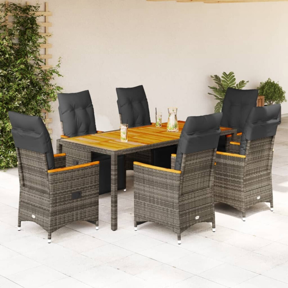 vidaXL 7-delige Bistroset met kussens poly rattan grijs afbeelding 1