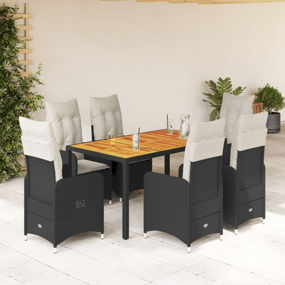 vidaXL 7-delige Bistroset met kussens poly rattan zwart afbeelding 1