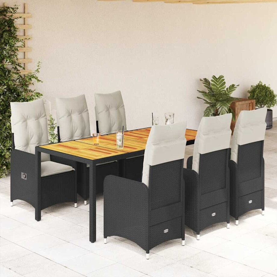 vidaXL 7-delige Bistroset met kussens poly rattan zwart vidaXL 7-delige Bistroset met kussens poly rattan zwart afbeelding 1