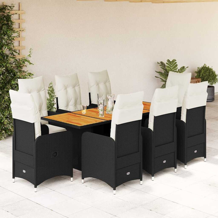 vidaXL 9-delige Bistroset met kussens poly rattan zwart afbeelding 1