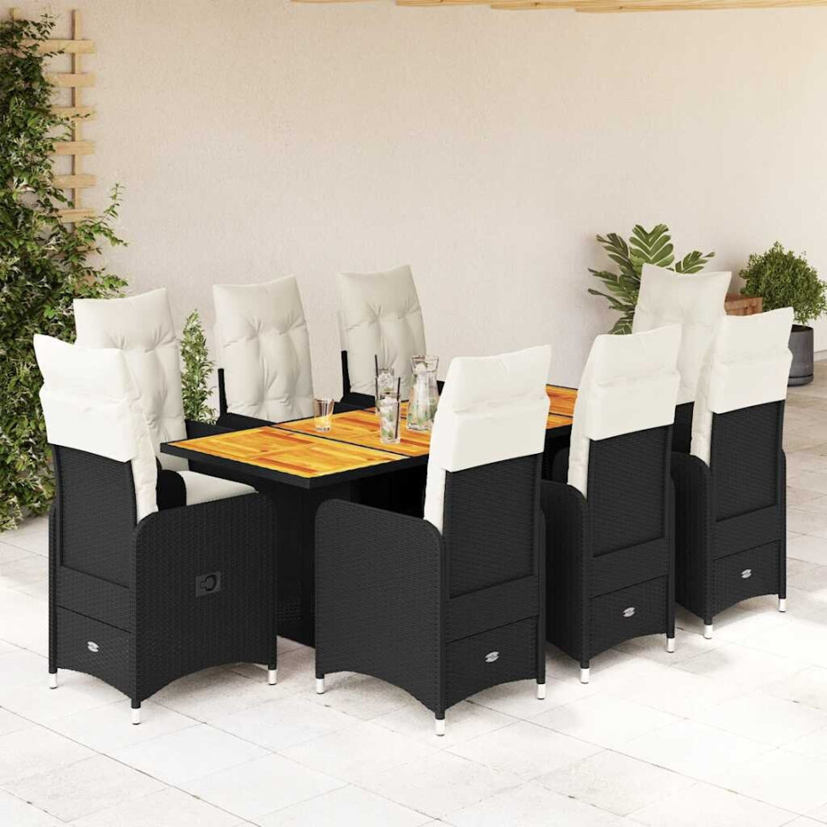 vidaXL 9-delige Bistroset met kussens poly rattan zwart afbeelding 1