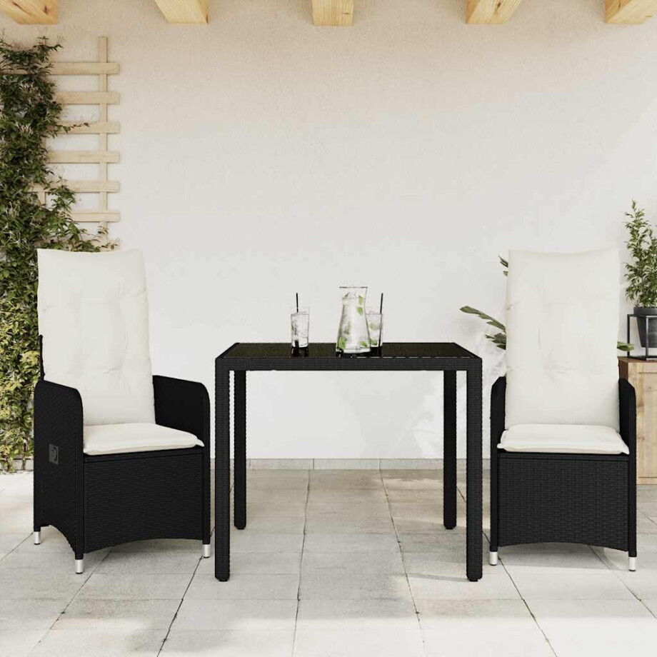 vidaXL 3-delige Bistroset met kussens poly rattan zwart afbeelding 1