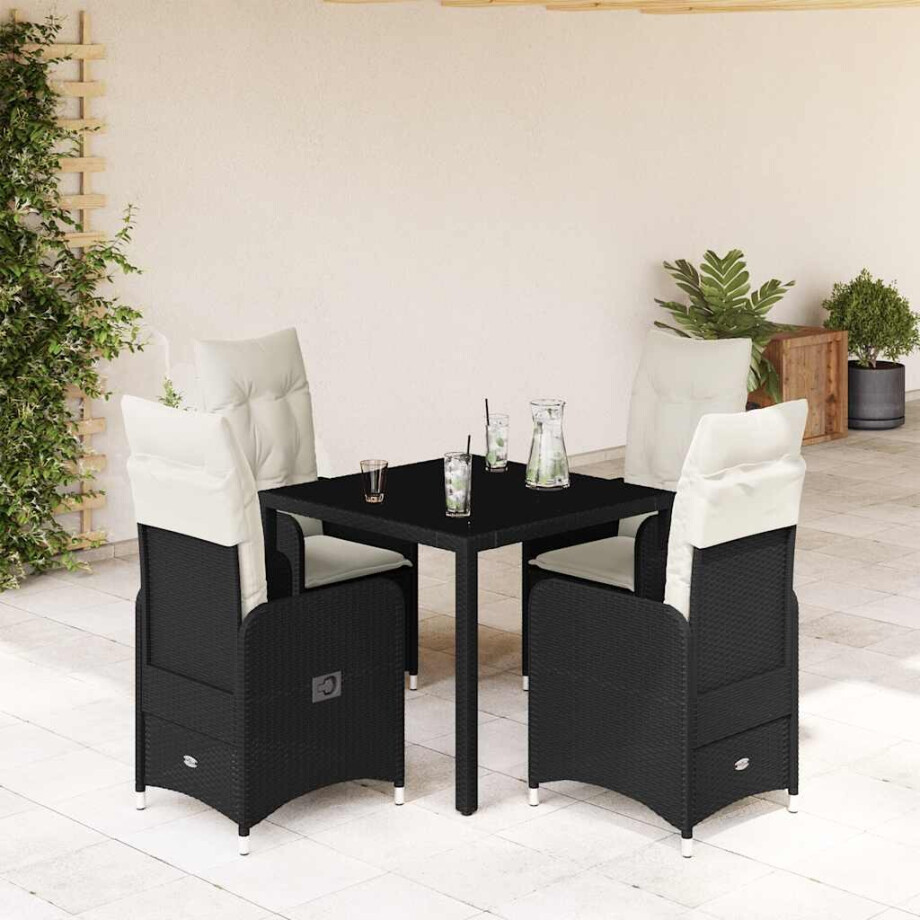 vidaXL 5-delige Bistroset met kussens poly rattan zwart afbeelding 1
