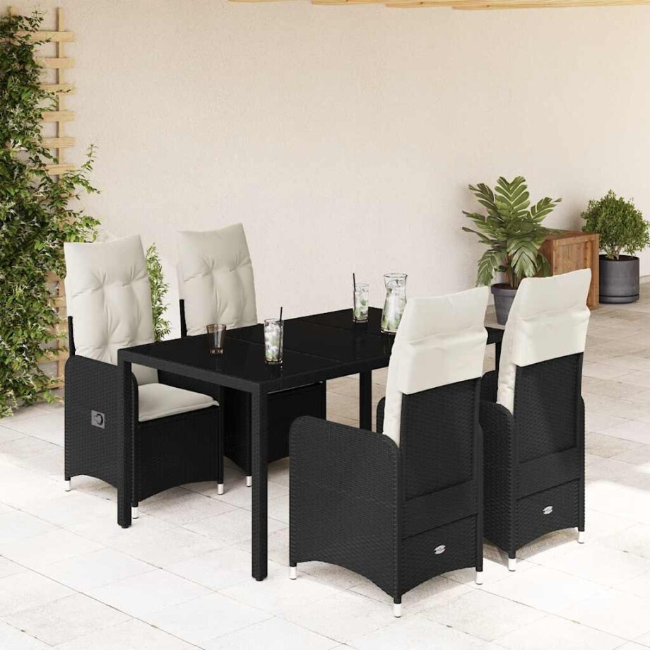vidaXL 5-delige Bistroset met kussens poly rattan zwart afbeelding 1