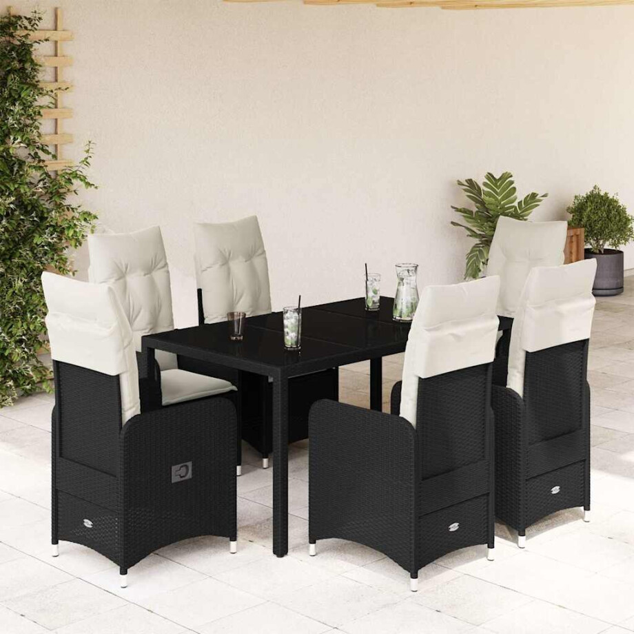 vidaXL 7-delige Bistroset met kussens poly rattan zwart vidaXL 7-delige Bistroset met kussens poly rattan zwart afbeelding 1