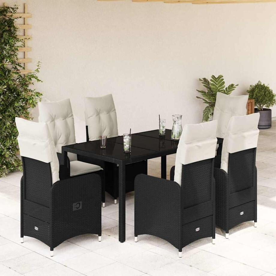 vidaXL 7-delige Bistroset met kussens poly rattan zwart vidaXL 7-delige Bistroset met kussens poly rattan zwart afbeelding 1