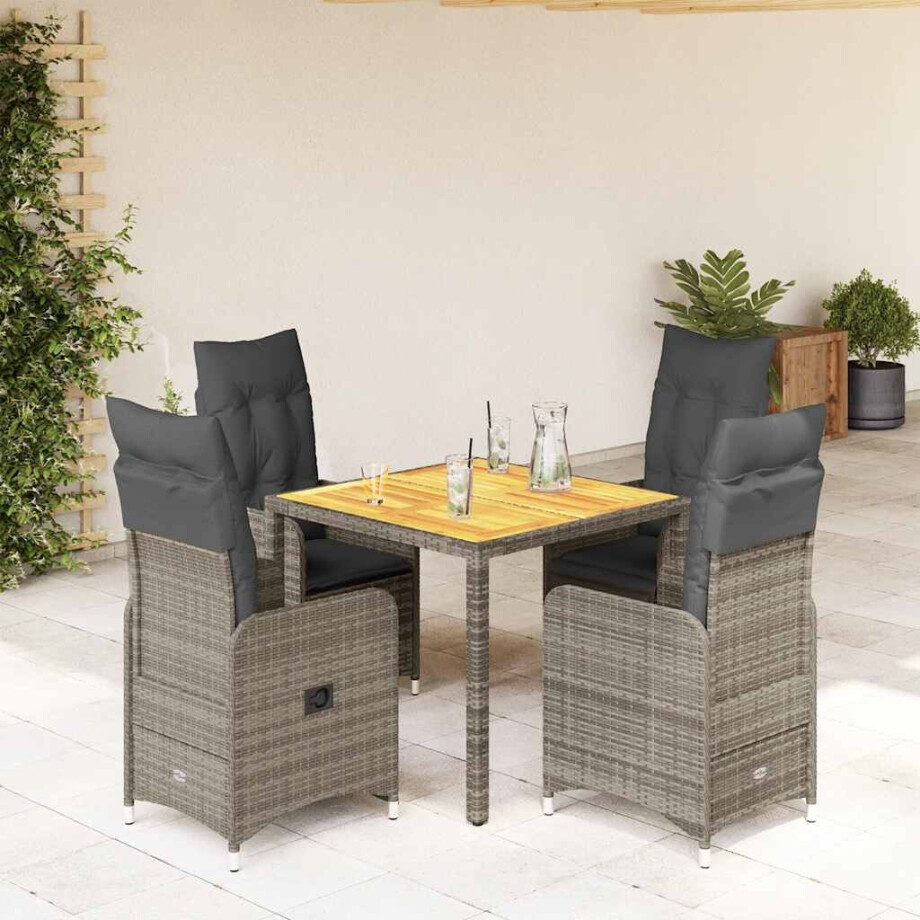 vidaXL 5-delige Bistroset met kussens poly rattan grijs afbeelding 1