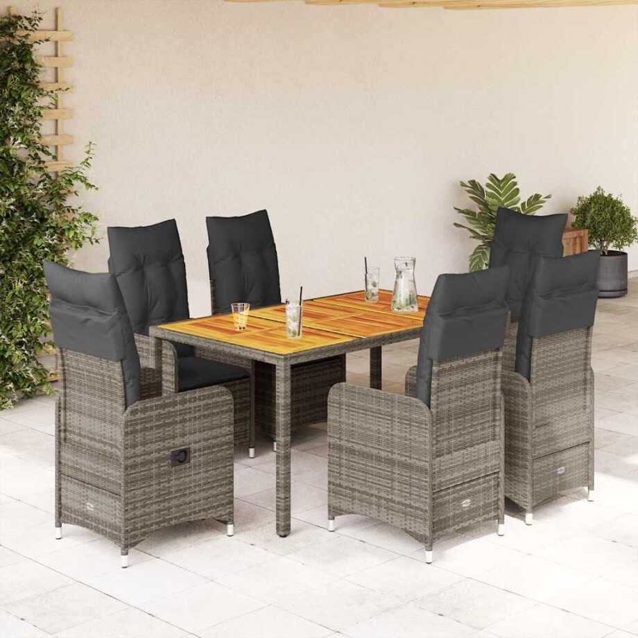 vidaXL 7-delige Bistroset met kussens poly rattan grijs afbeelding 1